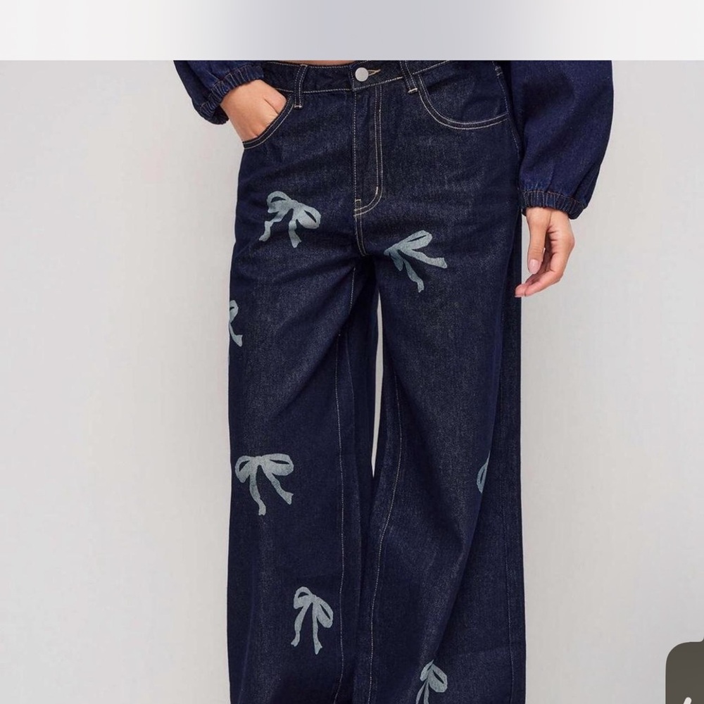 Cider Dark Blue Flare Jeans with Bow Details